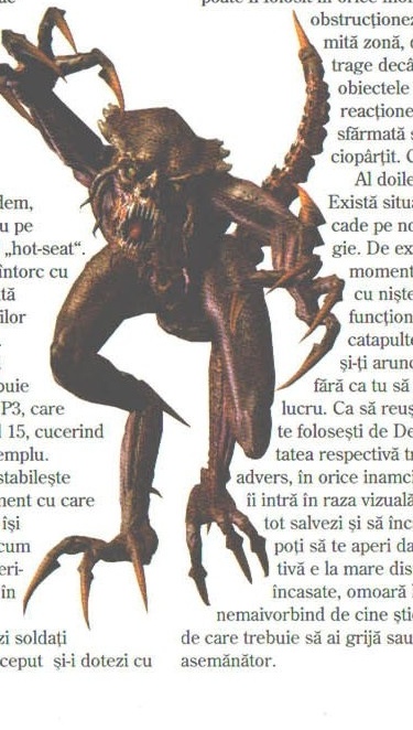 Randare a unui alien maro, decupată neregulat în josul paginii 27; textul revistei curge de o parte și de alta, așa că dreptunghiul care cuprinde tot desenul prinde inevitabil cuvinte din coloanele vecine.