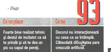 Scorul final — 93 — și caseta „Ce ne place" / „Ce nu"; în colțul din stânga-sus al decupajului intră și semnătura „- Bugs"