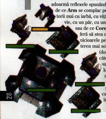 Randare a unui robot Core, decupată neregulat în josul paginii 28; textul revistei curge în jurul ei, așa că dreptunghiul care cuprinde tot desenul prinde inevitabil cuvinte din coloana vecină, ca și numărul paginii (28).