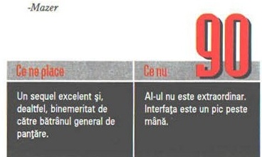 Scorul final — 90 — și caseta „Ce ne place" / „Ce nu"; în colțul din stânga-sus al decupajului intră și semnătura „-Mazer"