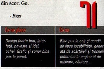 Scorul final — 71 — și caseta „Ce ne place" / „Ce nu"; în colțul din stânga-sus al decupajului intră ultimul rând al articolului și semnătura „- Bugs"
