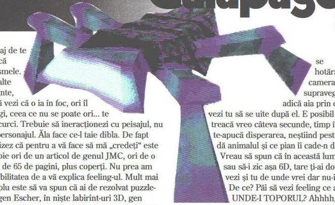Mendel, păianjenul-personaj, decupat pe fundal alb în capul paginii. Ilustrația este neregulată și textul curge în jurul ei, așa că decupajul dreptunghiular prinde și frânturi din coloanele alăturate și din banda titlului.