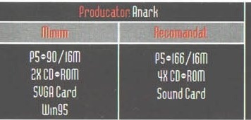 Caseta neagră de specificații: „Producator: Anark"; Minim — P5÷90/16M, 2X CD÷ROM, SVGA Card, Win95; Recomandat — P5÷166/16M, 4X CD÷ROM, Sound Card