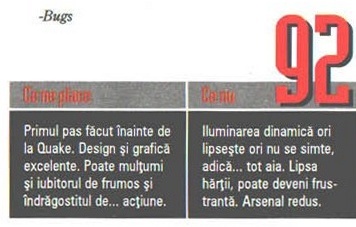 Scorul final — 92 — și caseta „Ce ne place" / „Ce nu"; în colțul din stânga-sus al decupajului intră și semnătura „-Bugs"
