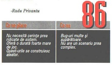 Scorul final — 86 — și caseta „Ce ne place" / „Ce nu"; în colțul din stânga-sus al decupajului intră și semnătura „-Radu Privantu"