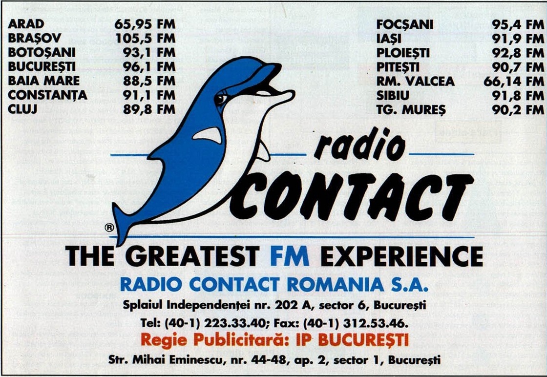 Reclamă Radio Contact — lista frecvențelor FM pe orașe, „The Greatest FM Experience" (jumătatea de sus a paginii)
