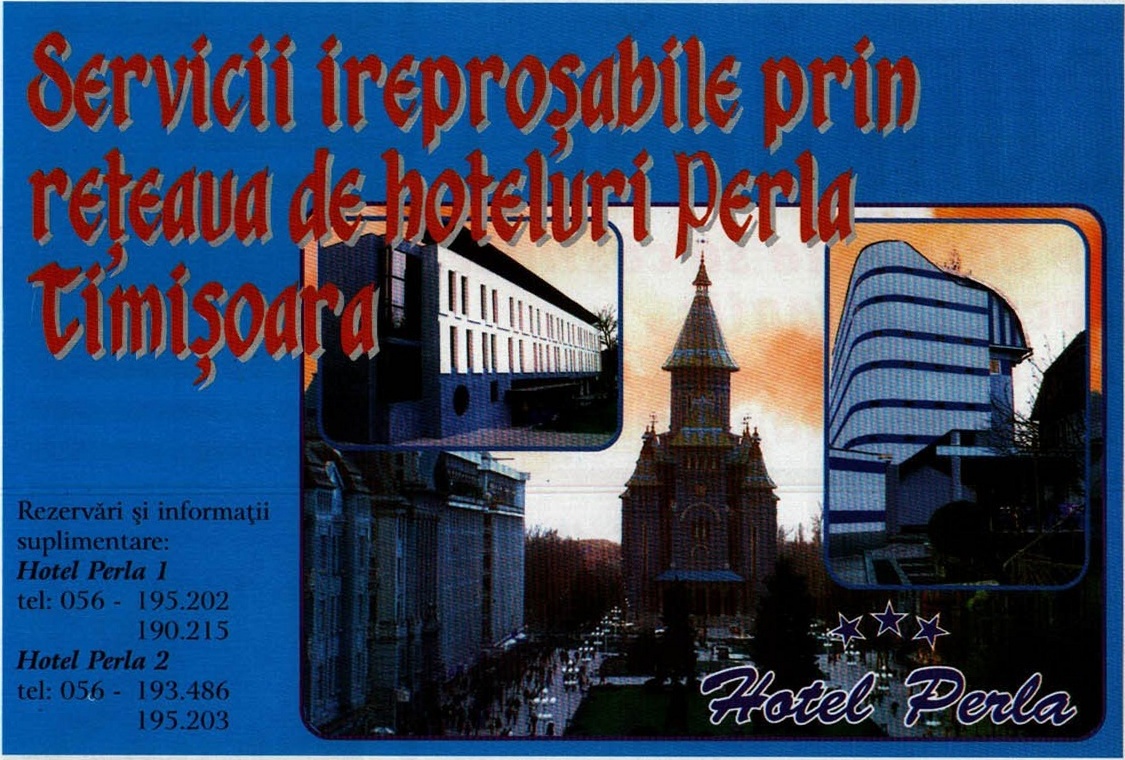 Reclamă Hotel Perla Timișoara — „Servicii ireproșabile prin rețeaua de hoteluri Perla Timișoara" (jumătatea de sus a paginii)
