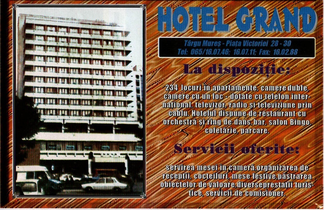 Reclamă Hotel Grand Târgu Mureș — fotografia hotelului și lista serviciilor (jumătatea de jos a paginii)