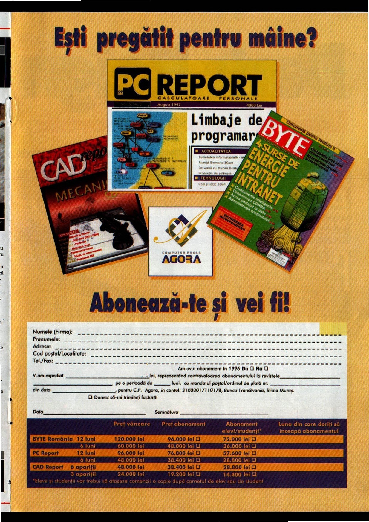 Numărul 8, pagina 19 — Computer Press Agora — abonamente (reclamă)