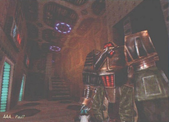 Screenshot Daikatana din capul paginii; legendă tipărită peste imagine: „AAA... Paul?”