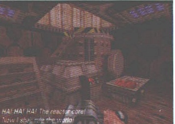 Screenshot din josul coloanei din dreapta; legendă tipărită peste imagine: „HA! HA! HA! The reactor core! / Now I shall rule the world!”