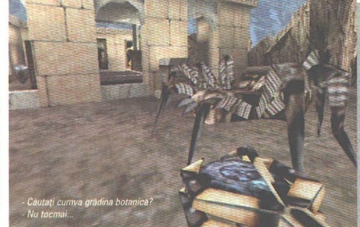 Screenshot Anachronox din capul coloanei din stânga a paginii tipărite 6; legendă tipărită peste imagine: „- Căutați cumva grădina botanică? / - Nu tocmai...”