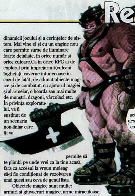 Ogrul cu topor desenat de mână, decupat fără chenar în capul paginii; textul curge în jurul lui. Dreptunghiul care prinde tot desenul cuprinde inevitabil și coloana 2 de text, câteva litere din coloana 4 și o parte din titlul „Revenant” — desenul nu a fost tăiat.