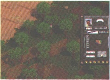 Primul screenshot din coloana din dreapta: pădure deasă pe teren roșiatic, cu panoul de comandă în dreapta jos