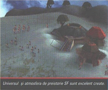 Al doilea screenshot: un trib de oameni mărunți adunați pe un deal, lângă colibe conice și un copac. Sub imagine, banda de legendă: „Universul  și atmosfera de preistorie SF sunt excelent create.”