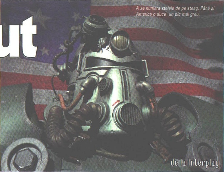 Renderul mare din capul paginii: un soldat în power armor cu mască de gaze, pe fundal de drapel american. Legendă tipărită peste imagine: „A se număra stelele de pe steag. Până și America o duce un pic mai greu.”