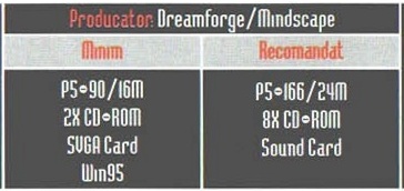 Caseta de specificații din capul paginii: „Producator: Dreamforge/Mindscape”, cu coloanele „Minim” și „Recomandat”