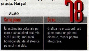 Nota finală — 78 — și caseta „Ce ne place” / „Ce nu”; cifra roșie pornește exact în dreptul ultimului rând de text, așa că în decupaj intră și rândul „și asta. Hai pa!” și semnătura „-Bubble”