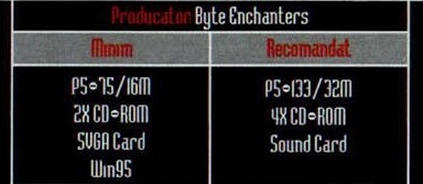 Caseta de specificații din capul paginii: „Producator: Byte Enchanters”, cu coloanele „Minim” și „Recomandat”
