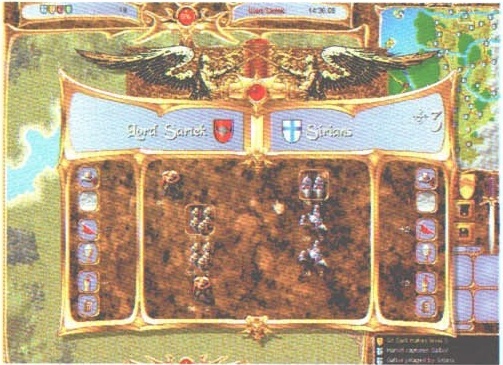 Al doilea screenshot de pe p22: ecranul de bătălie, „Lord Sarick” contra „Sirians” — screenshotul la care trimite rândul „Dreapta:” din banda de legendă