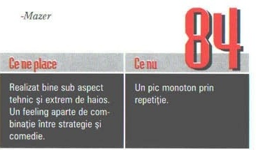 Nota finală — 84 — și caseta „Ce ne place” / „Ce nu”; cifrele roșii sunt culese peste banda de titlu „Ce nu”, iar în colțul din stânga-sus al decupajului intră și semnătura „-Mazer”