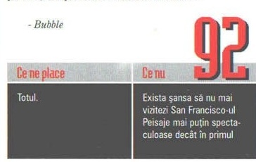 Nota finală — 92 — și caseta „Ce ne place” / „Ce nu”; în colțul din stânga-sus al decupajului intră și semnătura „- Bubble”