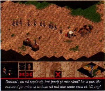 Al doilea screenshot din capul paginii: un pluton de unități înșirate ca la coadă, cu panoul de comandă jos; banda de legendă dedesubt — „Domnu', nu vă supărați, îmi țineți și mie rând? Iar a pus ăla cursorul pe mine și trebuie să mă duc unde vrea el. Vă rog!”