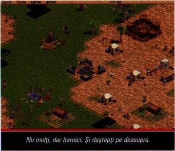 Primul screenshot din capul paginii: un sat cu case, palmieri și săteni la lucru; banda de legendă tipărită dedesubt — „Nu mulți, dar harnici. Și deștepți pe deasupra.”