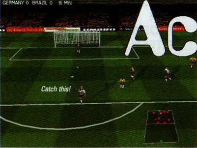 Screenshotul din stânga-sus: „GERMANY 0  BRAZIL 0   16 MIN” și legenda tipărită pe imagine „Catch this!”. Litera „A” a titlului se suprapune peste colțul din dreapta-sus al fotografiei