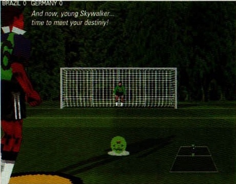 Screenshot cu banda de scor „BRAZIL 0  GERMANY 0”, purtând legenda tipărită pe imagine: „And now, young Skywalker... time to meet your destiniy!”