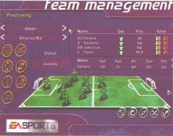 Ecranul „Team Management” din FIFA 98, cu lotul Braziliei, pozițiile pe teren și sigla EA SPORTS