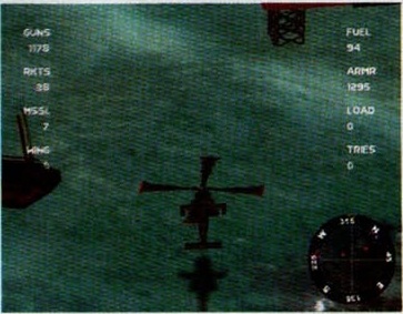 Primul screenshot din coloana din dreapta: elicopterul deasupra apei, cu panourile GUNS/RKTS/MSSL/WING în stânga și FUEL/ARMR/LOAD/TRIES în dreapta