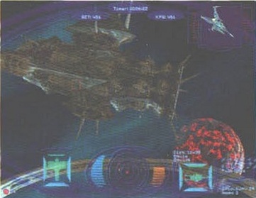 Al doilea screenshot din josul paginii: o navă-mamă uriașă în fața unei planete roșiatice, cu HUD-ul simulatorului. Fără legendă tipărită