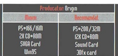 Caseta de specificații din capul paginii: „Producator: Origin”, cu coloanele „Minim” și „Recomandat”