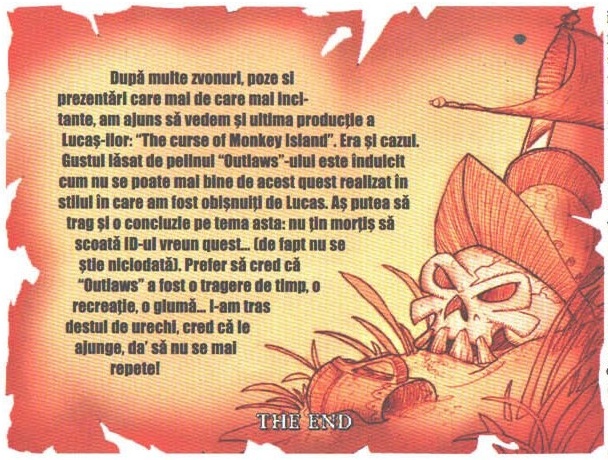 Ilustrația de deschidere, cu marginile rupte: un craniu cu tricorn de pirat pe fond galben-portocaliu și cuvintele „THE END” culese jos, în mijloc. Textul introductiv de mai sus este tipărit peste această ilustrație
