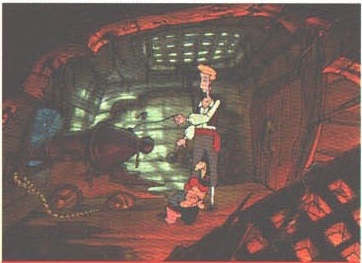 Guybrush în cala corăbiei, lângă un tun — screenshotul de jos din coloana din dreapta