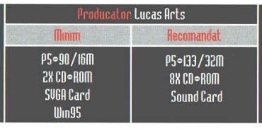 Caseta de specificații din capul paginii: „Producator: Lucas Arts”, cu coloanele „Minim” și „Recomandat”