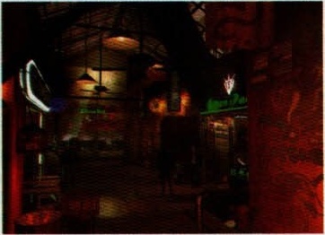 Primul dintre cele două screenshoturi din coloana din dreapta: un interior întunecat, cu lampadare și o firmă luminoasă verde