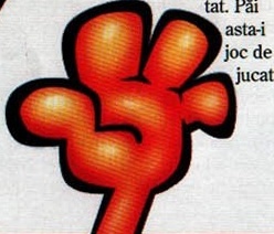 Mâna desenată cu trei degete, din josul paginii, decupată fără chenar și tăiată de marginea de jos a paginii; la dreapta ei intră în decupaj capătul coloanei de text