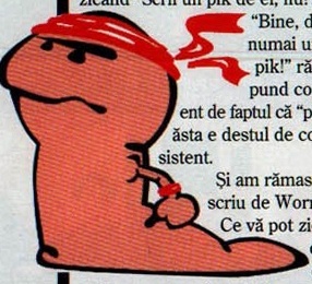 Vierme desenat, cu bandană roșie, decupat fără chenar în coloana din stânga; textul revistei curge în jurul lui, așa că decupajul care prinde tot desenul prinde și câteva rânduri de text