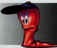 Viermele-mascotă cu șapcă, decupat peste banda întunecată din capul paginii, lângă titlul „Worms2”