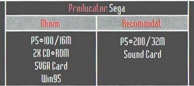 Caseta de specificații din capul paginii: „Producator: Sega”, cu coloanele „Minim” și „Recomandat”