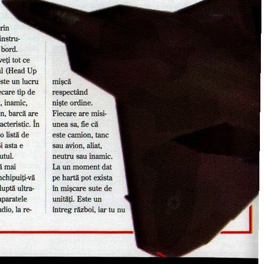 Decupaj fără chenar din colțul din dreapta-jos al paginii 42: un F22 uriaș, întunecat, care iese din pagină. Textul coloanei curge în jurul lui, așa că decupajul dreptunghiular prinde și text tipărit