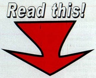 Logo-ul rubricii: „Read this!" cu literă albă conturată, peste o săgeată roșie mare care arată în jos