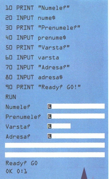 Coloana din dreapta panoului bleu: listingul-glumă în BASIC și talonul de concurs, cu rândurile albe de completat