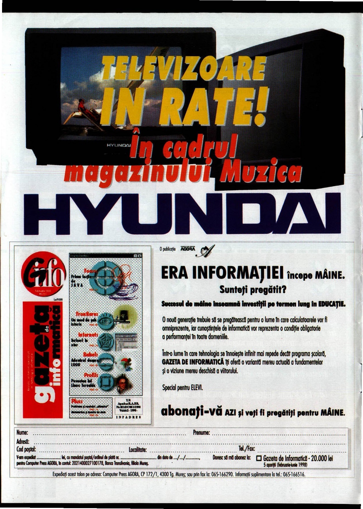 Reclame HYUNDAI („Televizoare în rate!") și Gazeta de Informatică, pe aceeași pagină