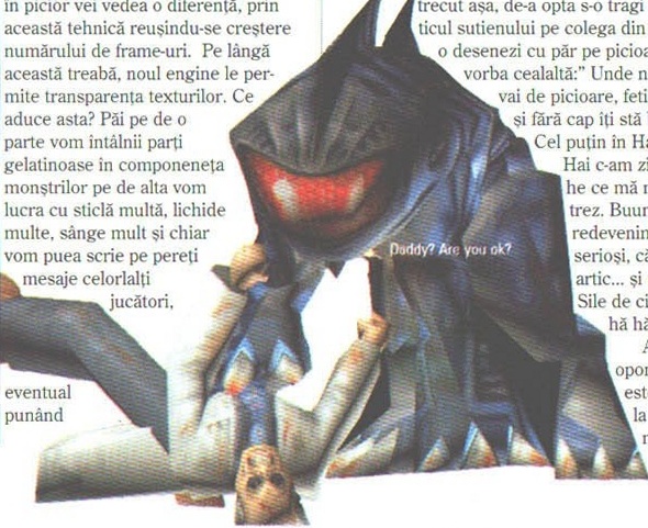 Decupajul mare de creatură din josul paginii, cu contur neregulat, în jurul căruia curge textul pe două coloane: un alien blindat cu ochi roșu incandescent, cu replica suprapusă „Daddy? Are you ok?". Dreptunghiul care cuprinde toată ilustrația prinde inevitabil și fragmente din coloanele de text vecine.