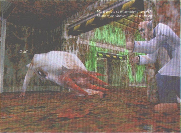 Screenshotul mare din capul paginii, peste coloanele 2-3: un headcrab uriaș sărind spre jucător într-un coridor industrial năpădit de vegetație verde; replici suprapuse pe imagine: „Groh?" și „Mă, ți-am zis să fii cuminte? Ți-am zis? / Mama ta de cârcăiec! Las' că ți-arăt eu!"