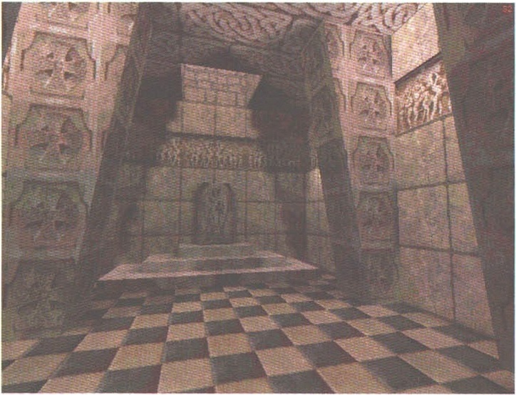 Screenshotul mare din capul paginii, pe lățimea coloanelor 2-3: interiorul unei cripte de piatră, cu pereți sculptați în relief, un altar în capăt și o podea în carouri