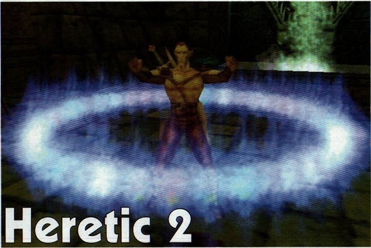 Corvus stă cu brațele desfăcute în mijlocul unui inel de flăcări albastre; logo-ul „Heretic 2" este suprapus peste imagine